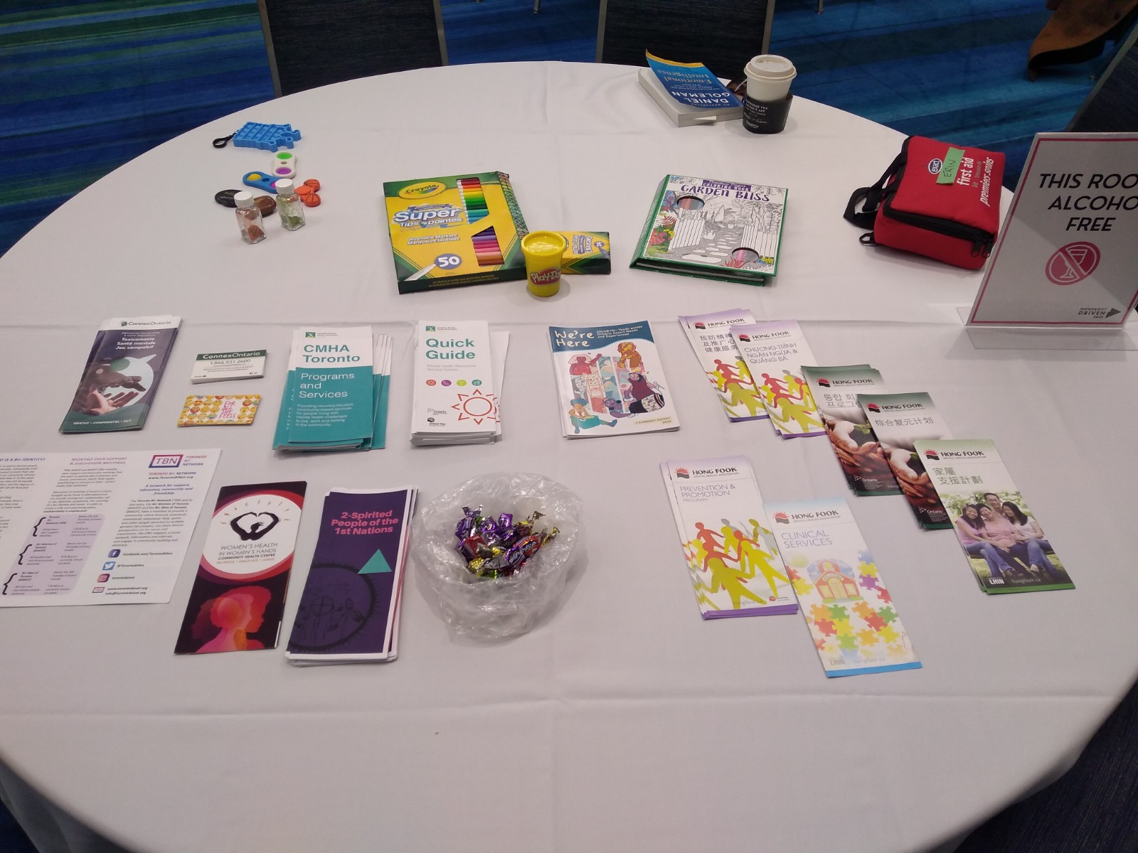 Resource table with pamphlets, fidget toys, bag of candy and candles