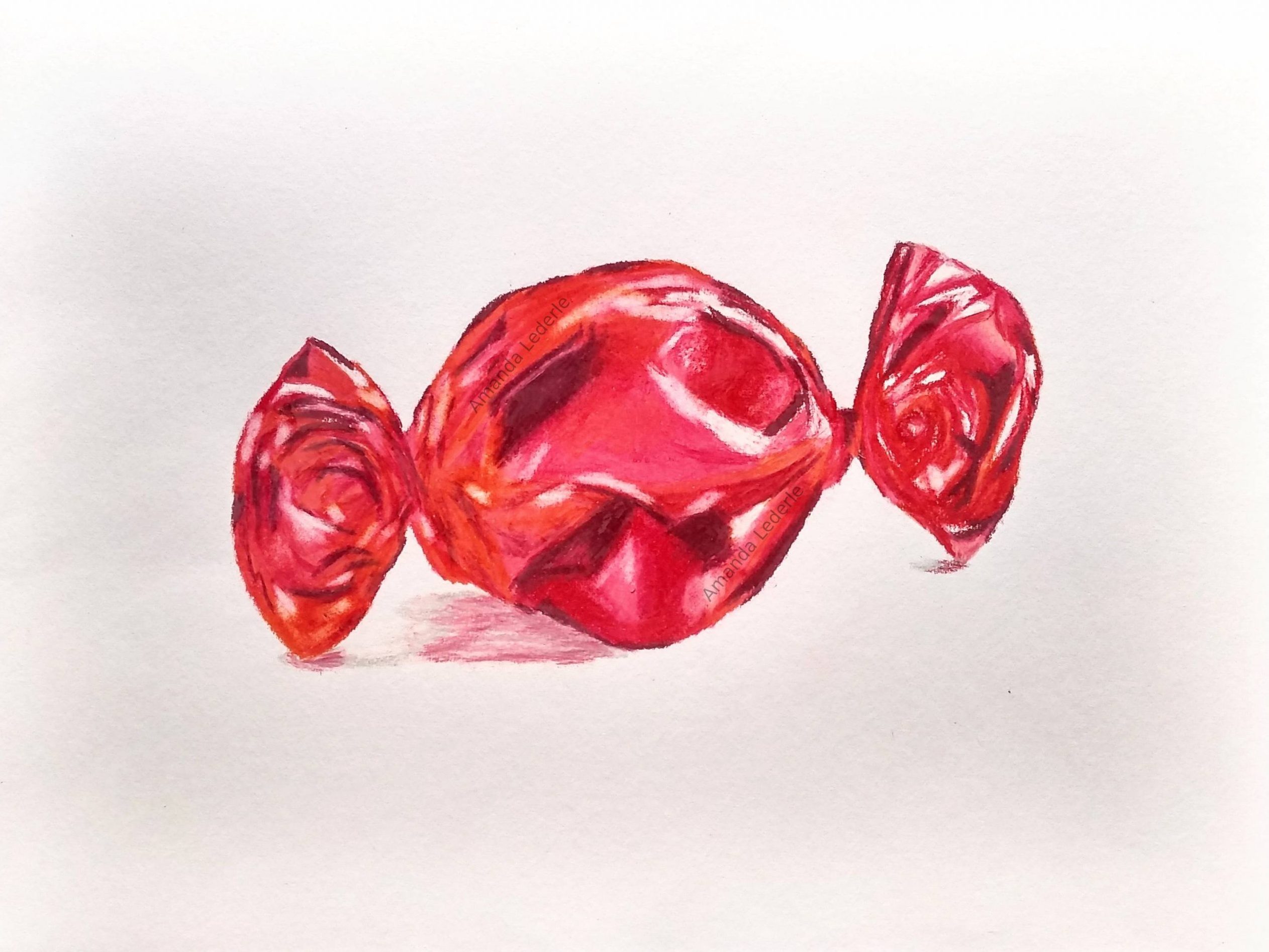 Coloured pencil drawing of red metallic wrapped candy