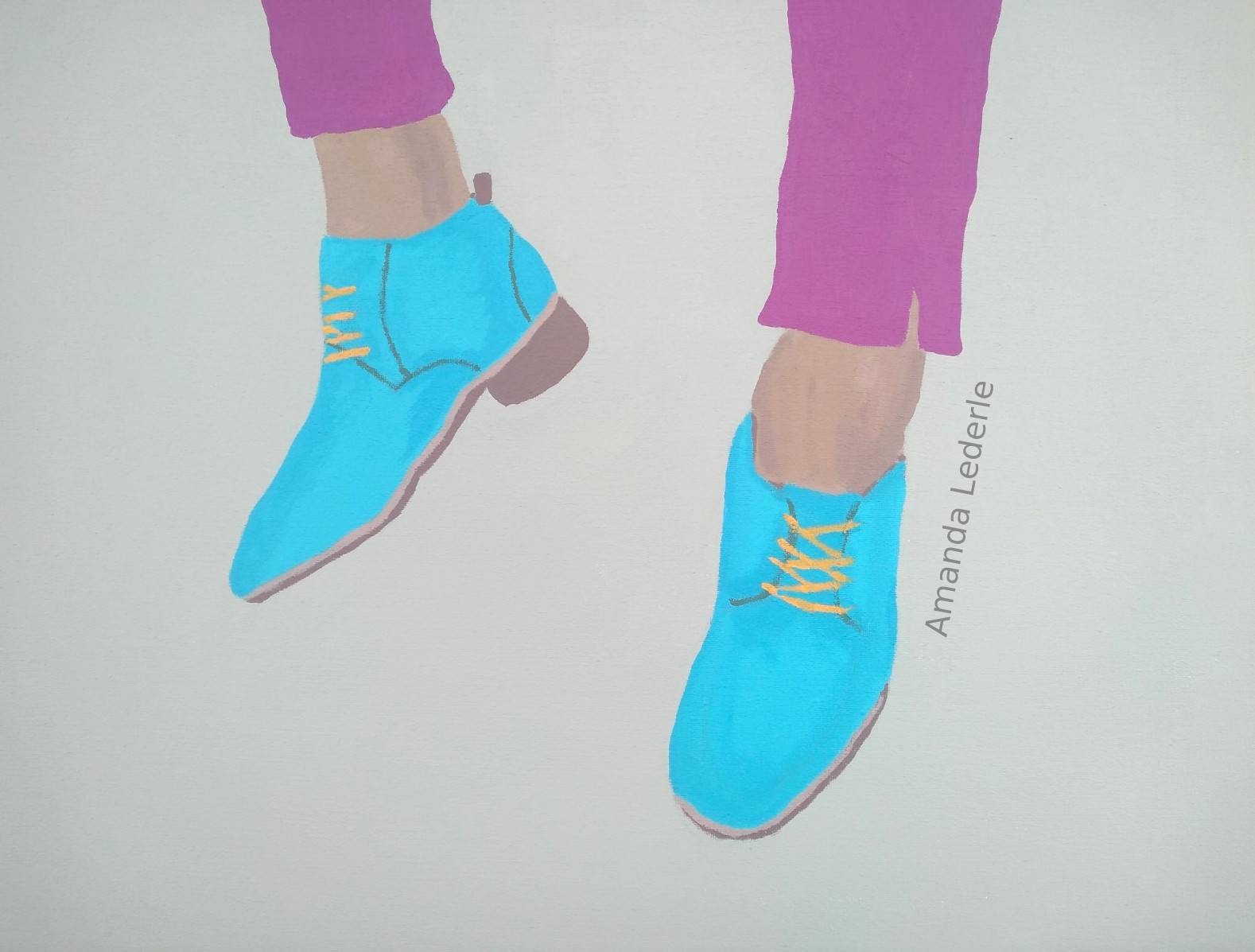 Bright blue low heel shoes with light brown ankles in purple cropped pants coming from upper middle of the piece on grey green background.